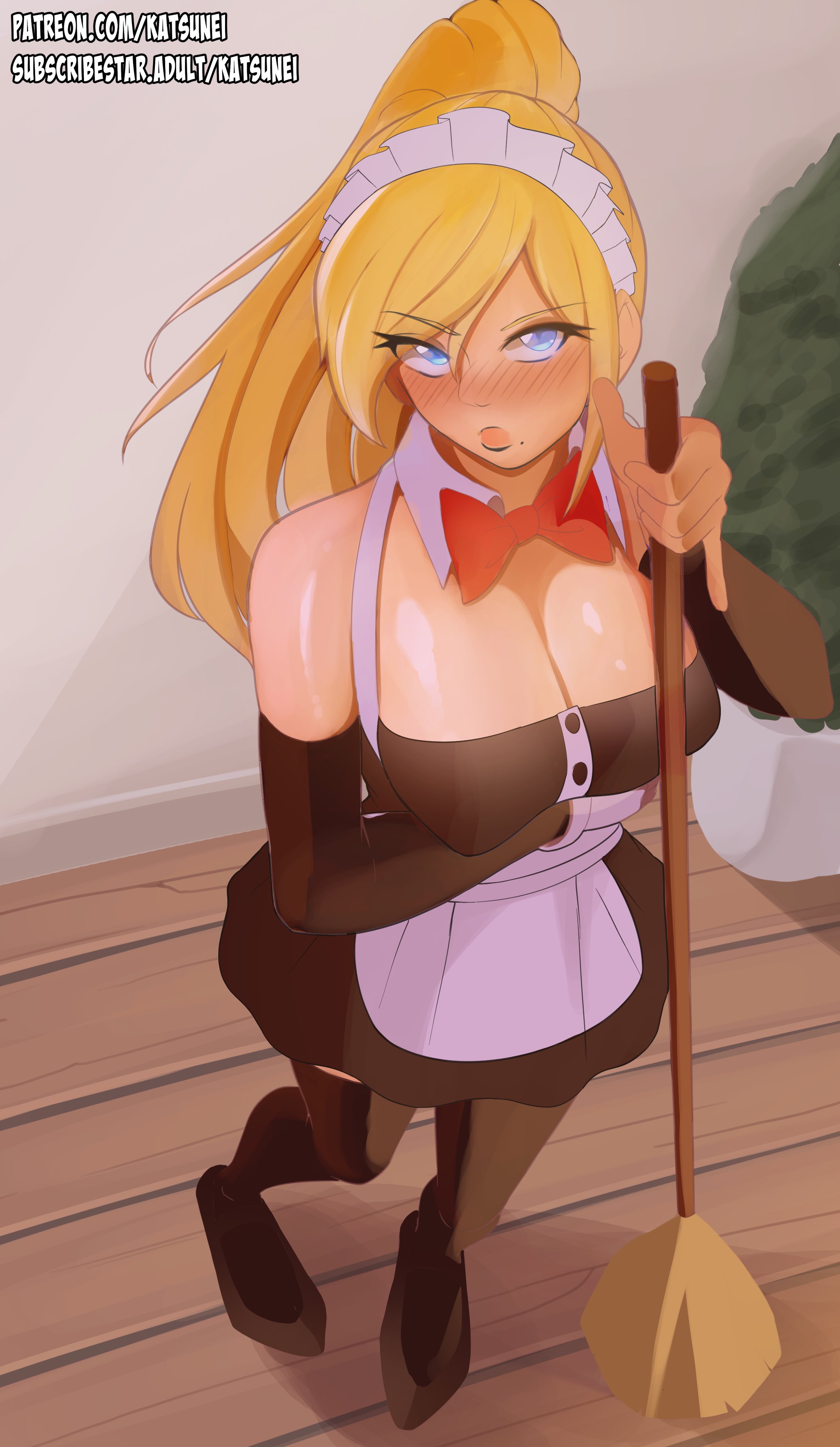 1girls, beauty mark, blonde hair, blue eyes, blush, breasts, broom, cleaning, cleavage, embarrassed, female, female only, from above, indoors, katsunei, large breasts, long hair, looking at viewer, looking up, maid, metroid, mole, mole under mouth, ponytail, samus aran, solo