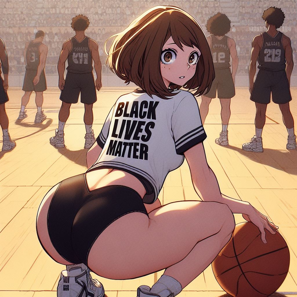 1girls, ai generated, ass focus, dark skin, dark-skinned male, female, gym uniform, male, my hero academia, ochako uraraka