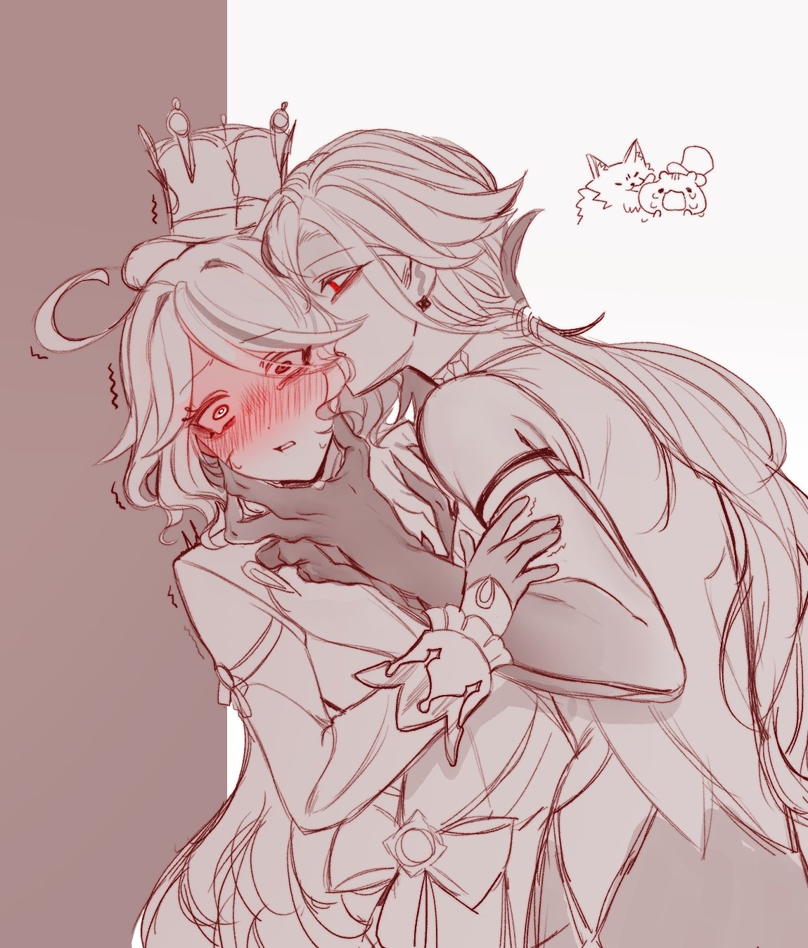 2girls, arlecchino (genshin impact), blush, crown, female, female only, femdom, furina (genshin impact), genshin impact, head grab, lesbian, lesbian focus, long hair, looking away, monochrome, scared, sketch, sweat, tagme, trembling, ug p p, yuri
