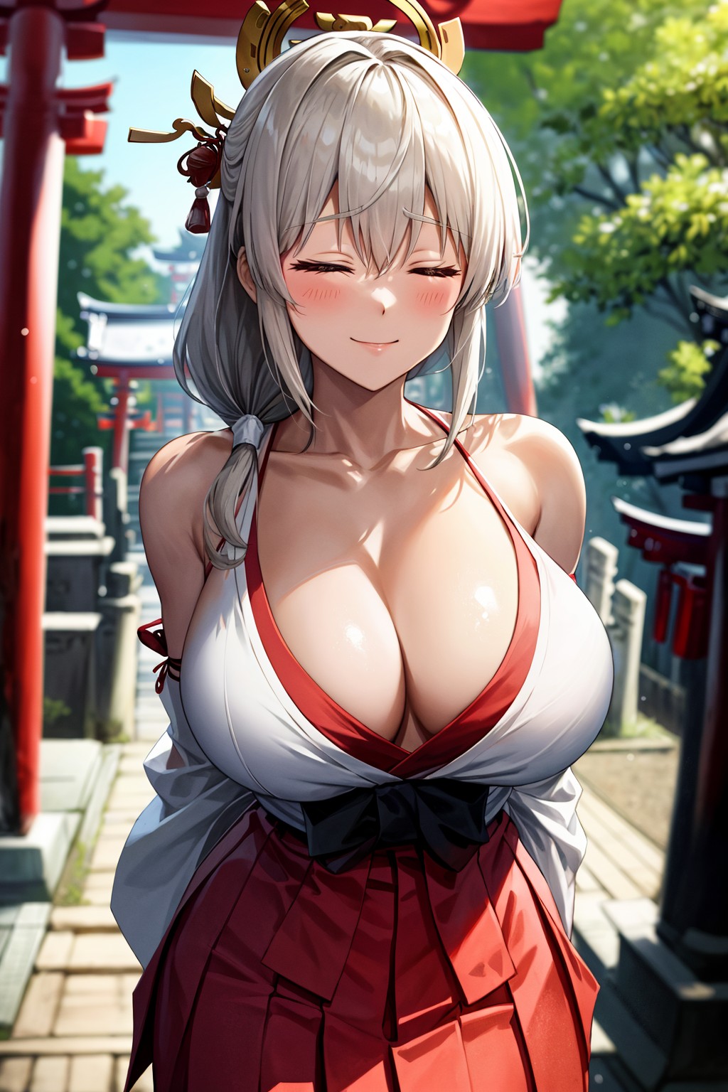 1girls, ai generated, breasts, cleavage, closed eyes, female, flyingpancake, grey hair, huge breasts, light skin, light-skinned female, long hair, mature female, miko, milf, mother, outdoors, shrine maiden, side ponytail, smile, stable diffusion, uzaki tsuki, uzaki-chan wa asobitai!