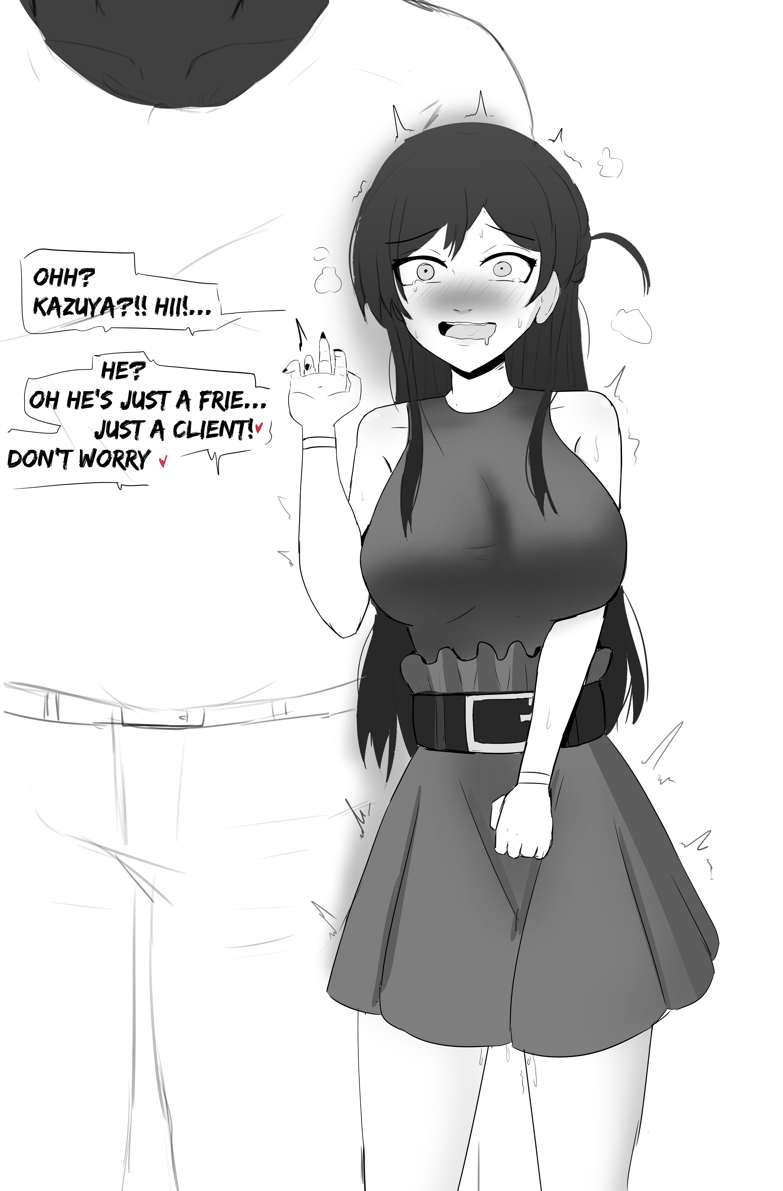 1boy, 1girls, big breasts, breasts, cuckold, dark skin, dark-skinned male, fat male, female, interracial, kanojo okarishimasu, light skin, light-skinned female, long hair, lord dante, male, mizuhara chizuru, nervous, netorare, ntr, ugly bastard