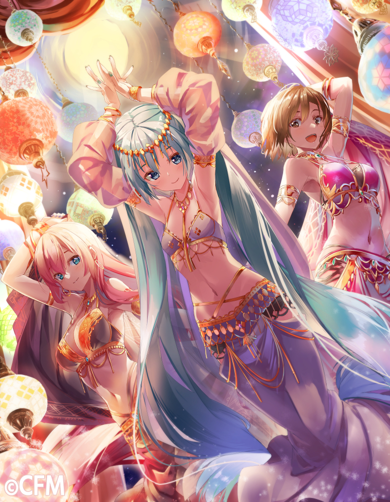 3girls belly_dancer belly_dancer_outfit blue_hair brown_hair daidou_(demitasse) detached_sleeves harem harem_girl harem_outfit harem_pants hatsune_miku large_breasts long_hair medium_breasts medium_hair megurine_luka meiko meiko_(vocaloid) pink_hair vocaloid