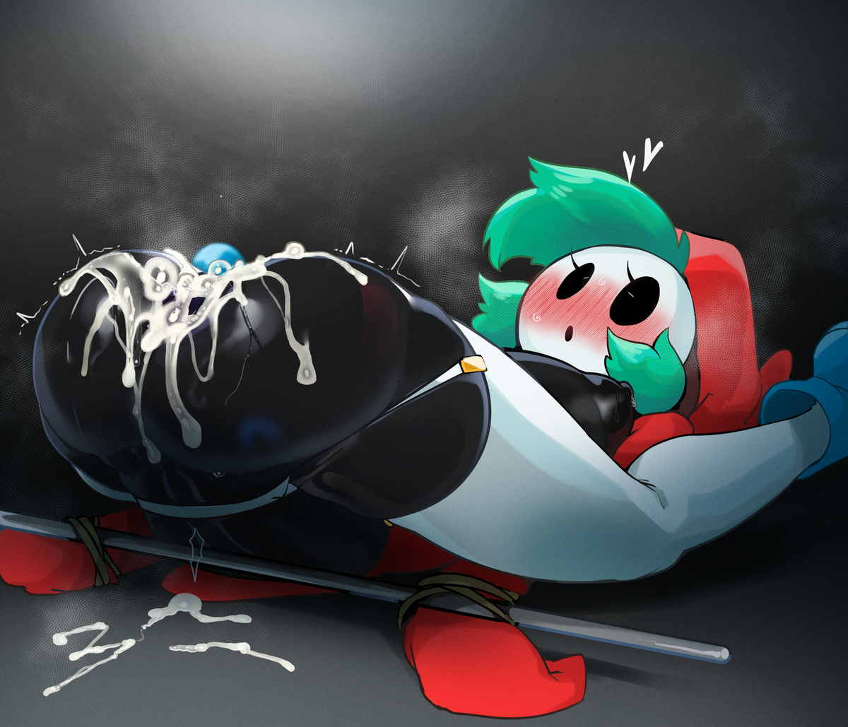 black body, bondage, cum in pussy, disembodied penis, female, green hair, male, mario (series), mating press, mdthetest, partially clothed, penis, post-orgasm, pussy, shy gal