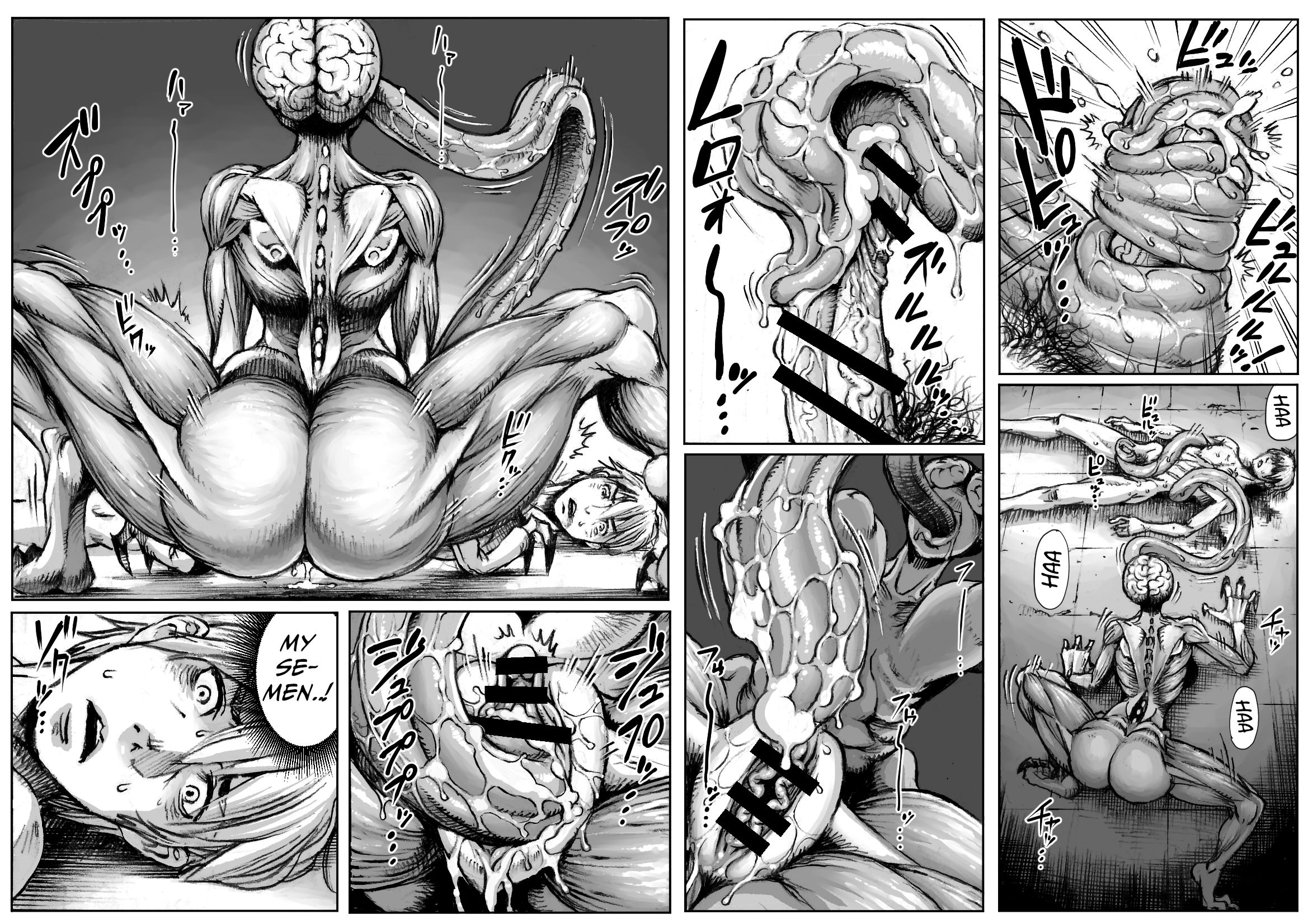 1girls, 2d, censored, comic, cum, double deck, english text, female, female licker (resident evil), female monster, human, licker (resident evil), monster, resident evil, text, thought bubble, tongue, tongue out, video games