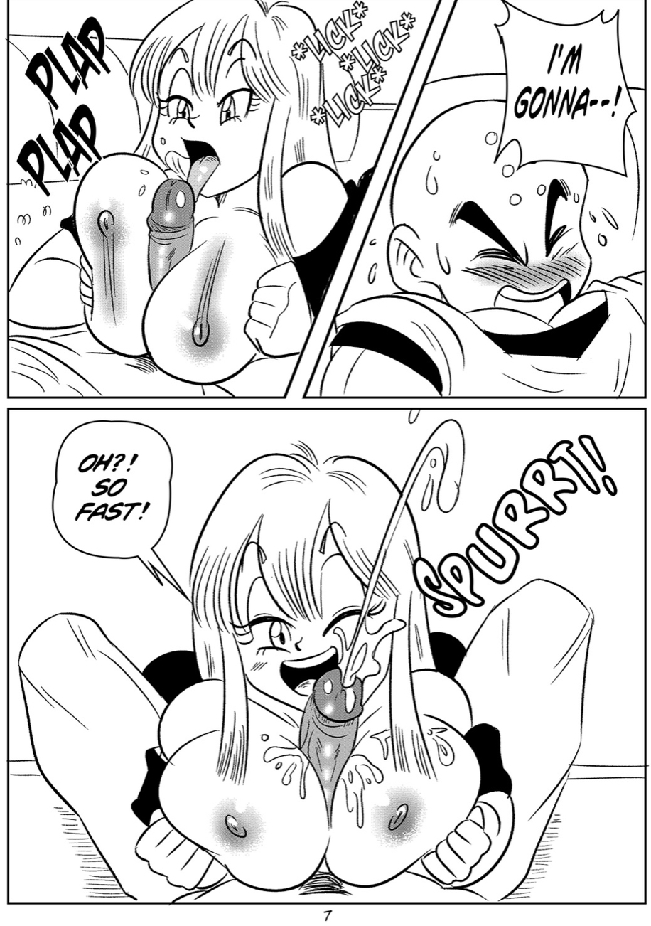 1boy, 1girls, 2d, 2d (artwork), big breasts, big penis, black and white, blush, breasts, comic, cum, cumming, dragon ball, female, funsexydragonball, krillin, kuririn, licking penis, male, maron, monochrome, nipples, one eye closed, page 7, paizuri, penis, tagme, undertagged