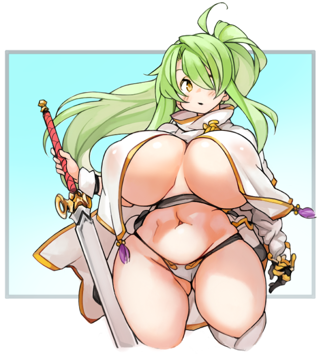 big_breasts bimbo breasts gigantic_breasts green_hair huge_breasts hyper_breasts large_breasts massive_breasts milf sachito sword tagme weapon