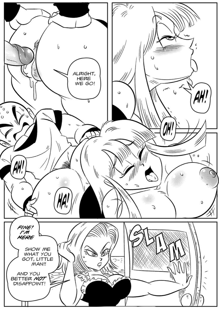 2d, 2d (artwork), 2girls, android 18, big breasts, black and white, blush, breasts, closed eyes, comic, dragon ball, dragon ball super, dragon ball z, erect nipples, female, funsexydragonball, krillin, kuririn, maron, monochrome, nipples, page 13, pussy, sex, sweatdrop, tagme, undertagged, vaginal penetration