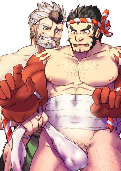 balls bara black_hair blush boner erection erection_under_clothes facial_hair hogen_(tokyo_afterschool_summoners) male male_only muscles muscular nejiri_hachimaki penis tajikarao_(tokyo_afterschool_summoners) tokyo_afterschool_summoners waku_(ayamix)