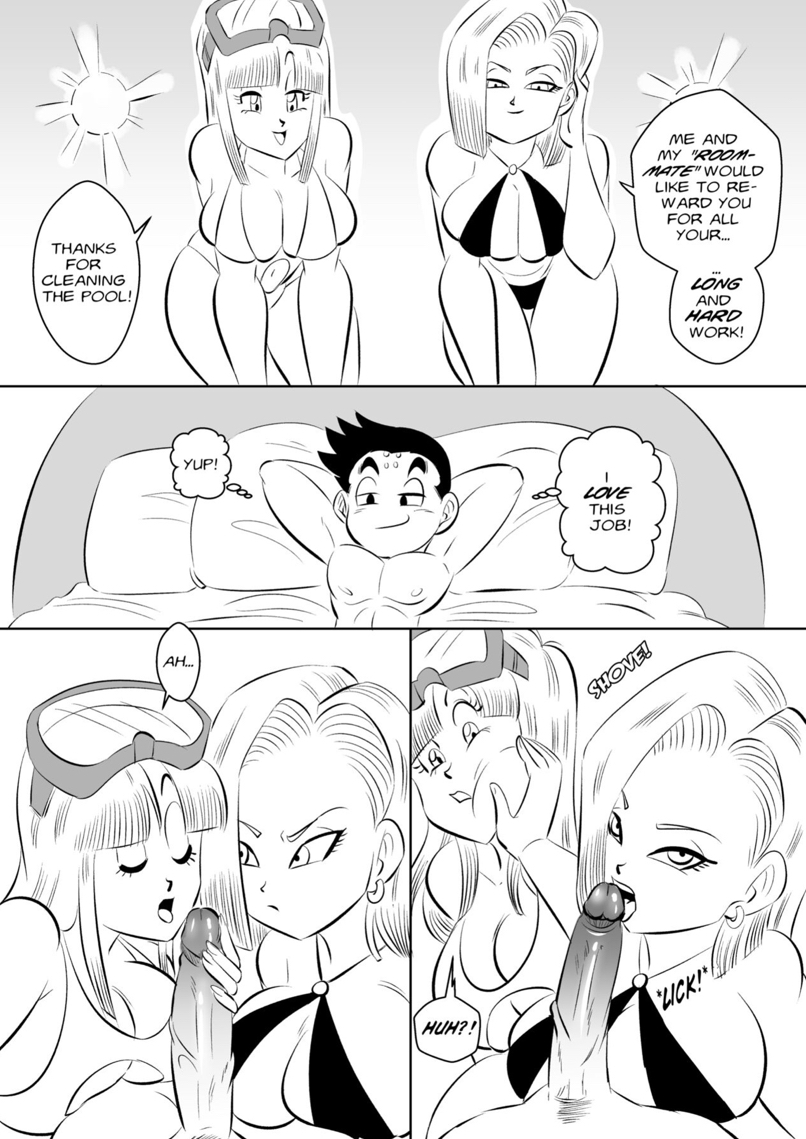 1boy, 2girls, android 18, big breasts, big penis, black and white, breasts, dragon ball, dragon ball super, dragon ball z, female, funsexydragonball, goggles, goggles on head, krillin, kuririn, licking penis, male, maron, monochrome, penis, swimsuit