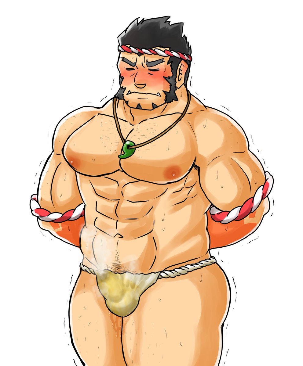 balls bara bashira_o black_hair blush bulge closed_eyes embarrassed facial_hair fundoshi hands_behind_back male male_only muscles muscular nejiri_hachimaki peeing peeing_self penis piss_soaked solo solo_male sweat sweating tajikarao_(tokyo_afterschool_summoners) tokyo_afterschool_summoners urinating urinating_male urination urine wetting wetting_self