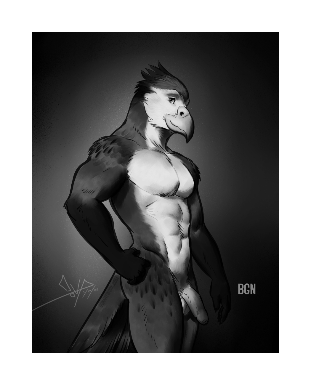 abs anthro avian balls beak bgn biceps bird feathers foreskin genitals hi_res humanoid_genitalia humanoid_penis looking_at_viewer male mammal muscular muscular_anthro muscular_male nude penis simple_background solo text