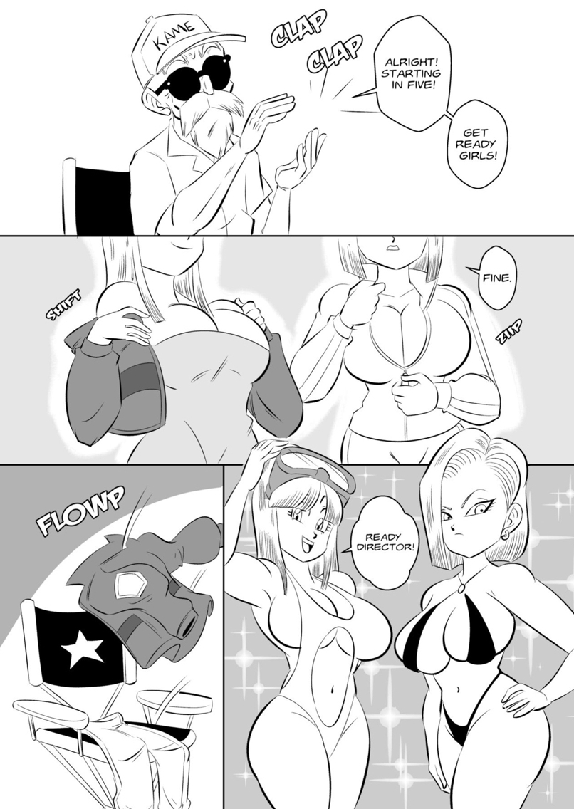 1boy, 2girls, android 18, big breasts, bikini, breasts, dragon ball, dragon ball super, dragon ball z, female, funsexydragonball, goggles, goggles on head, male, maron, master roshi, sunglasses, swimsuit