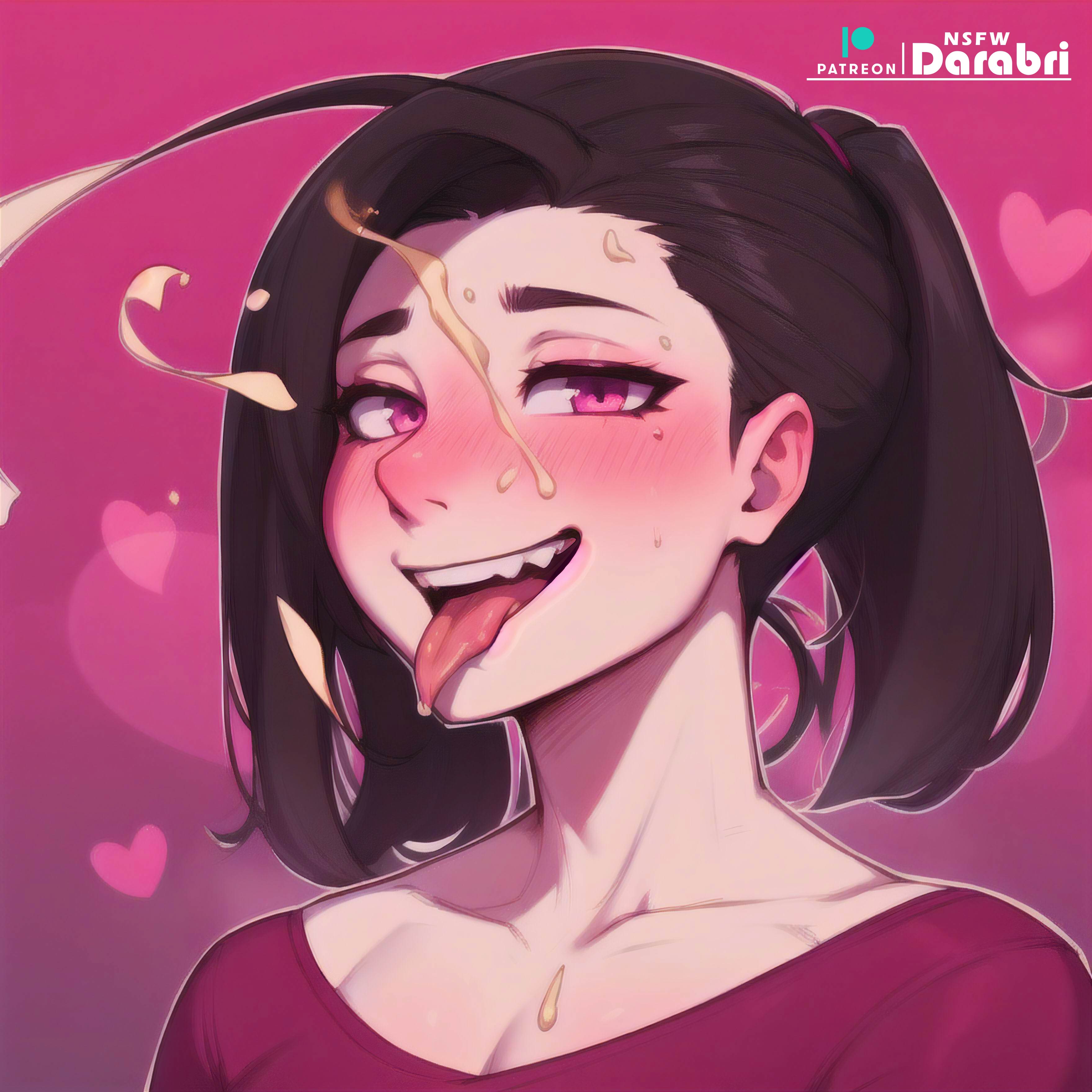 abstract background, absurd res, ai generated, black hair, blush, collarbone, color, colored, cum, cum on face, cum on tongue, cumshot, cute, darabri, facial, femboy, feminine, feminine male, flat chest, flushed, girly, happy, heart, hi res, logo, long hair, looking at viewer, male, otoko no ko, outline, pale skin, patreon, patreon logo, ponytail, pov, pov eye contact, purple eyes, sharp teeth, simple background, smile, solo, solo focus, solo male, tongue, tongue out, trap, upper body, upper teeth, white body