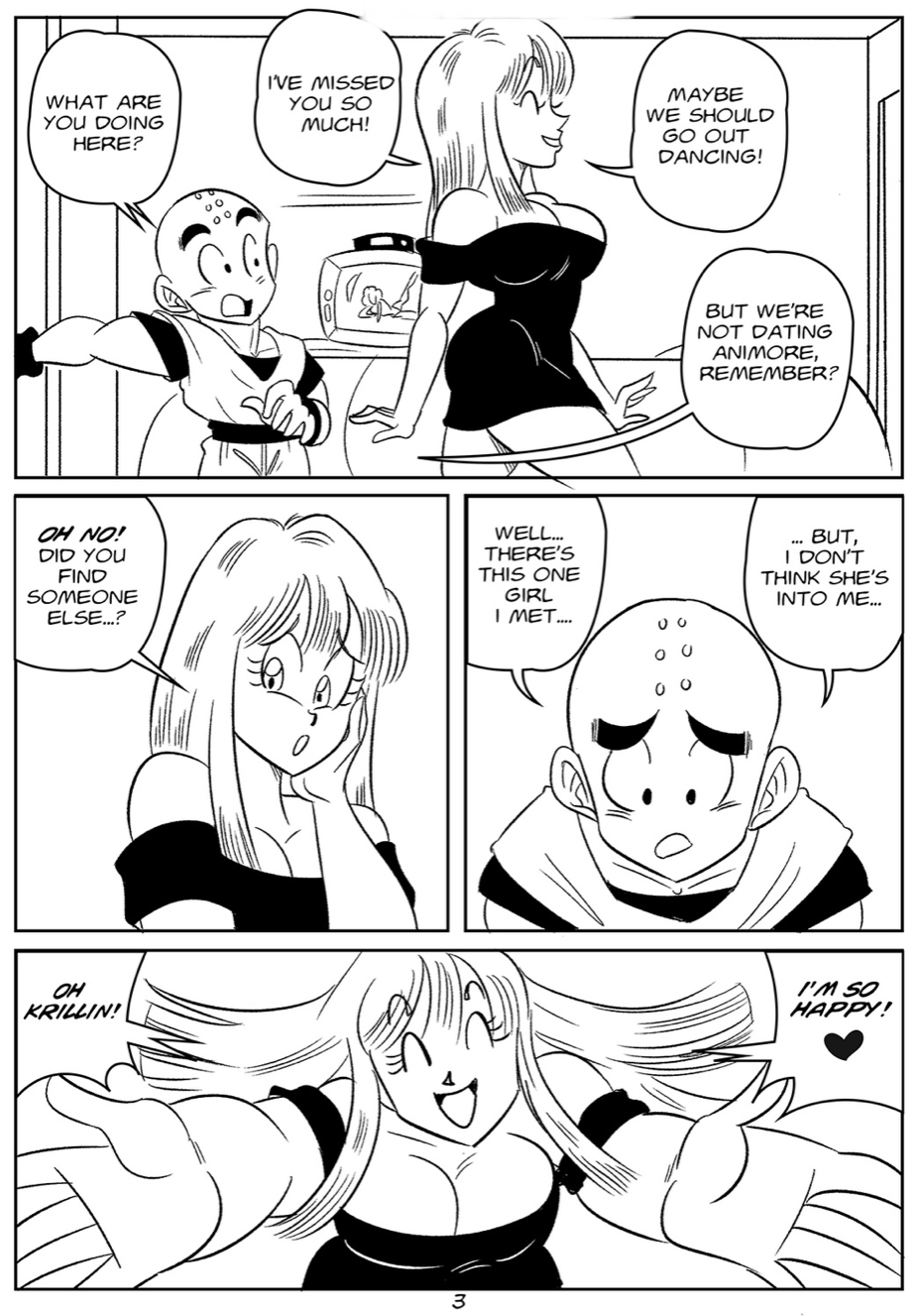 1boy 1girls big_breasts black_and_white breasts comic dragon_ball funsexydragonball happy heart hug krillin kuririn maron monochrome page_3