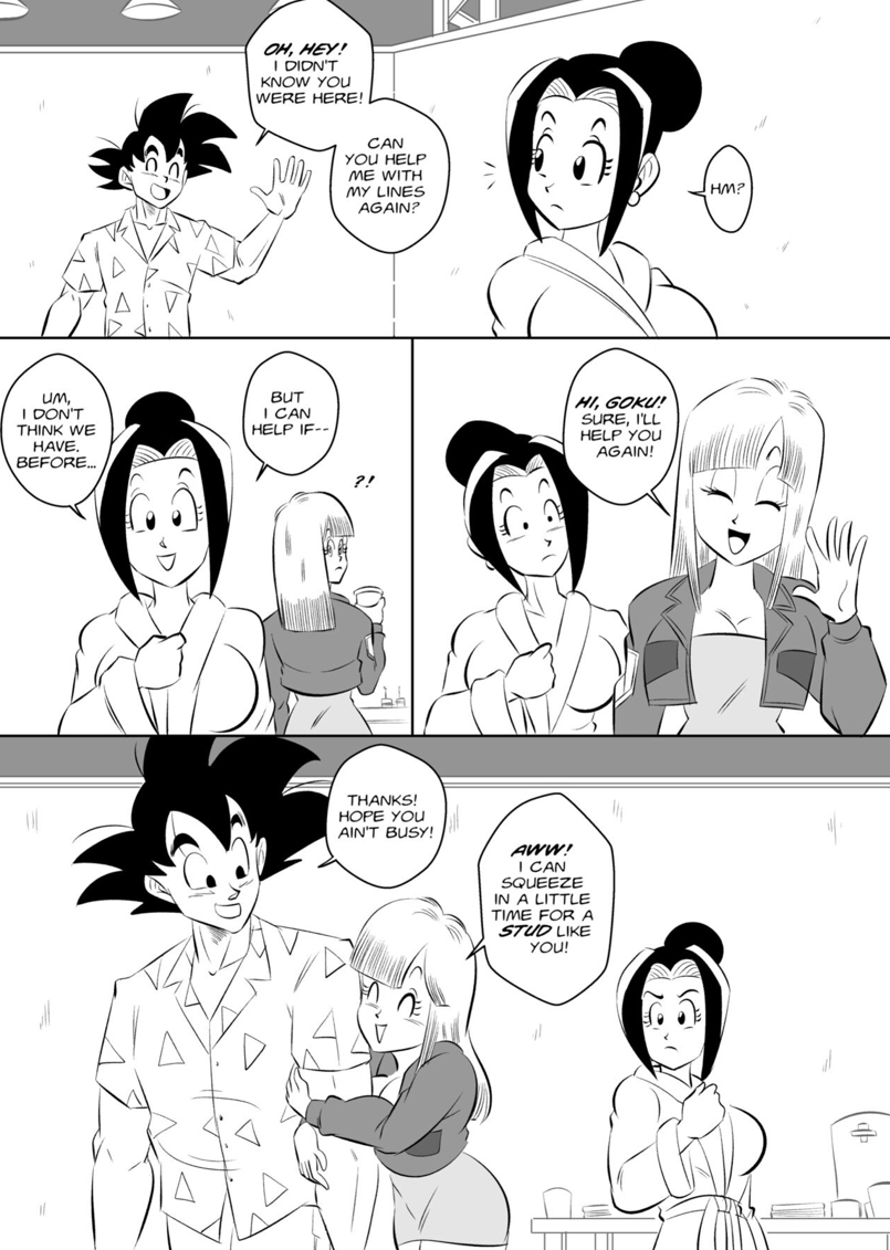 1boy 2girls bathrobe big_breasts black_and_white breasts chichi dragon_ball dragon_ball_super dragon_ball_z funsexydragonball maron monochrome son_goku