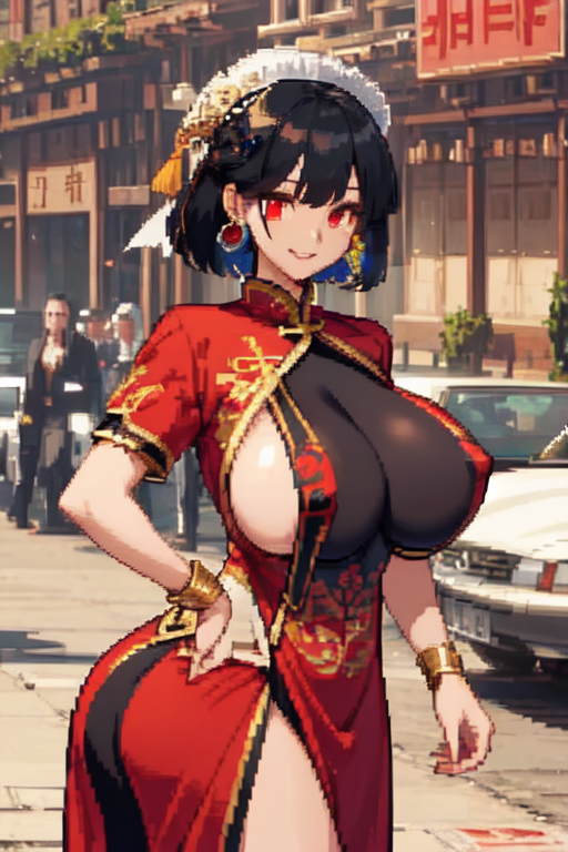 ai_generated black_hair breasts child_bearing_hips chinese_clothes hard_nipples huge_ass huge_breasts ovulating pixelated short_hair smile wide_hips