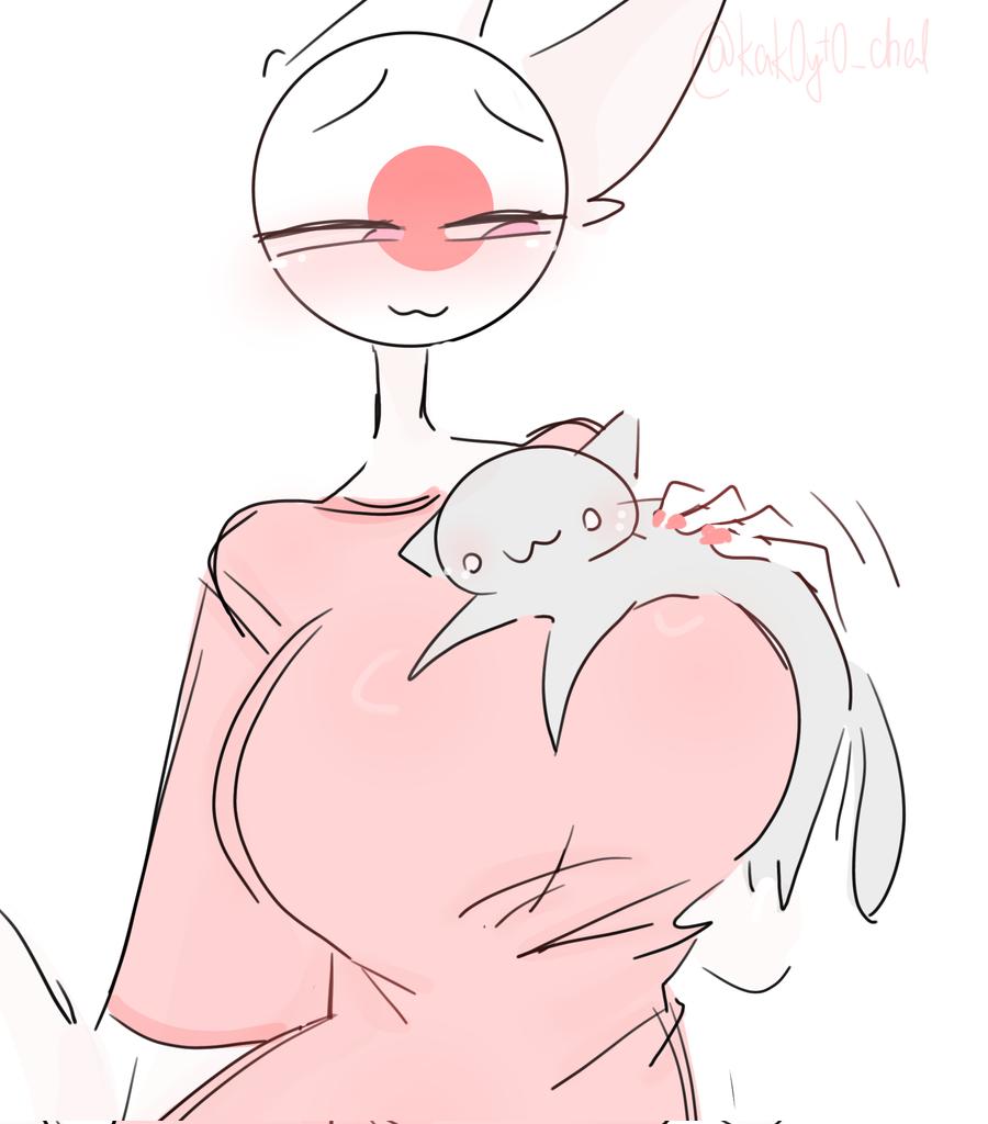 1girls, big breasts, breasts, cat ears, countryhumans, countryhumans girl, cute, feline, female, huge breasts, japan (countryhumans), kak0yt0 chel, pink eyes, pink nails, pink shirt, white body