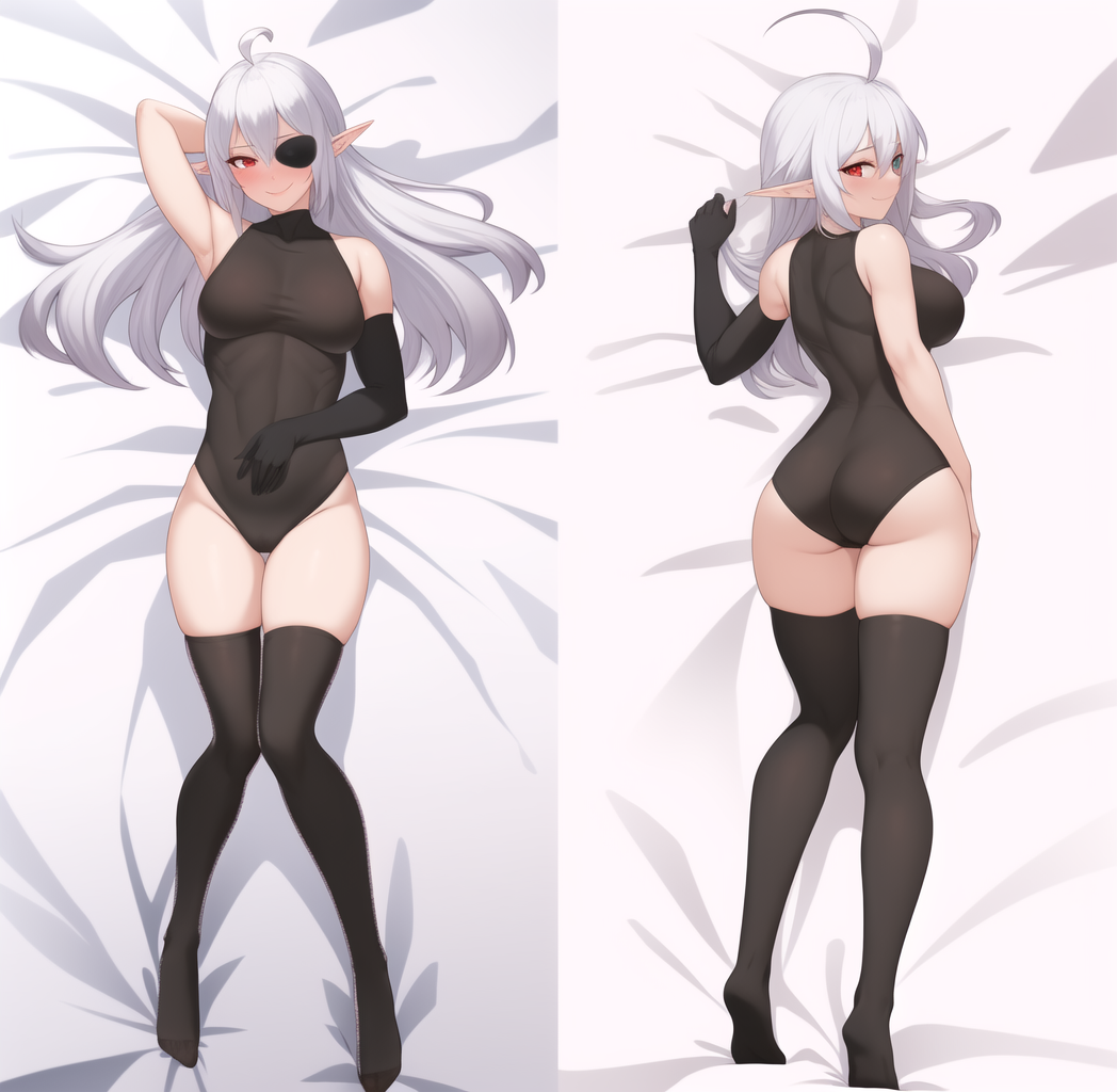 1girls ahoge ai_generated blue_eyes bodypillow bodysuit dakimakura demon demon_girl elf_ears eyepatch female female_only geega glove gloves grey_hair heterochromia leotard long_glove long_hair pointed_ears red_eyes smiling smiling_at_viewer solo stockings unknown_artist virtual_youtuber vshojo vtuber