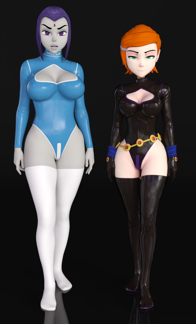 2girls 3d 3d_(artwork) aged_up ben_10 big_ass big_breasts big_butt breasts cartoon_network cosplay crossover crossover_cosplay daz3d daz_studio dc female female_only gwen_tennyson latex latex_gloves latex_leotard latex_suit multiple_girls pin3d rachel_roth raven_(cosplay) raven_(dc) red_hair skin_tight slut_collar stockings tagme teen_titans