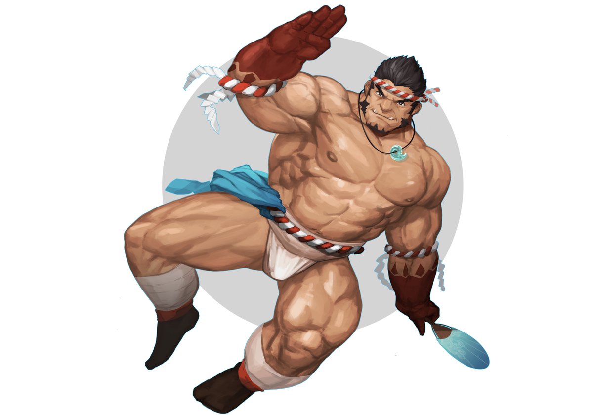 balls bara black_hair bulge facial_hair fundoshi male male_only muscles muscular nejiri_hachimaki penis piard909 solo solo_male tajikarao_(tokyo_afterschool_summoners) tokyo_afterschool_summoners