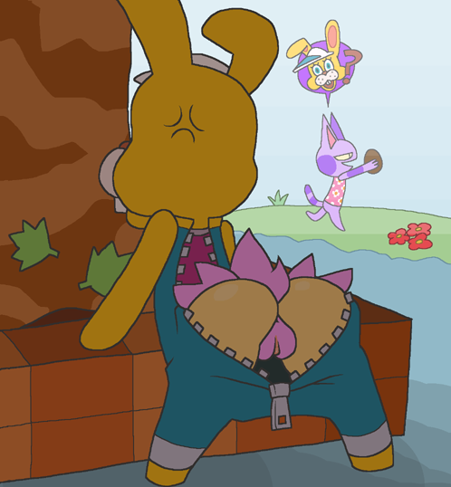 animal_crossing anthro ass avian bird bob_(animal_crossing) cat clothed clothes feline female flower fur grass lagomorph male mammal nintendo outdoors pelican phyllis_(animal_crossing) plant praiz presenting pussy rabbit seabird straight_hair tree zipper_t._bunny