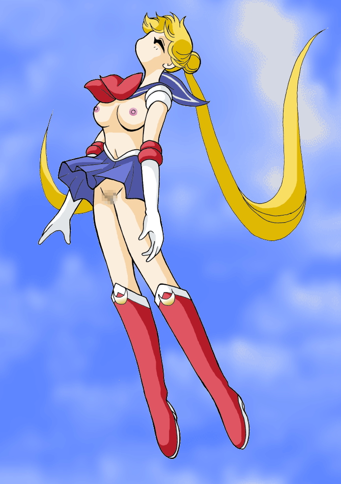 2008 bishoujo_senshi_sailor_moon blonde_hair boots bow breasts censored closed_eyes clothing elbow_gloves imaden nipples sailor_moon skirt small_breasts tied_hair topless twintails usagi_tsukino very_long_hair wind_lift