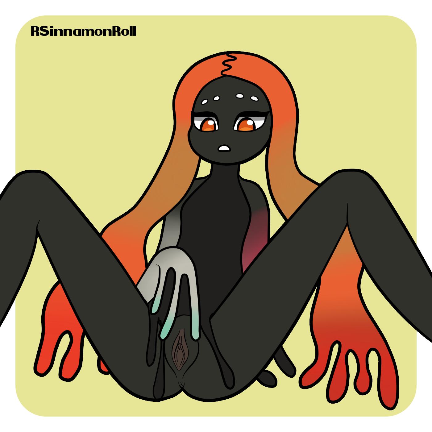 black_skin bottom_feeders fin_bottom_(splatoon) masturbation orange_eyes orange_hair rsinnamonroll simple_background splatoon splatoon_2