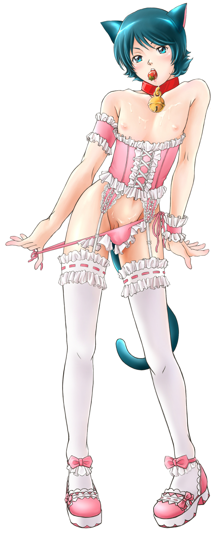 1boy, animal ears, blush, bow, bows, bulge, cat boy, cat ears, catboy, collar, color, corset, crossdressing, crossdressing male, femboy, food, garter, garters, highres, kemonomimi, male, male only, monster boy, mouth hold, navel, panties, panty pull, penis, saliva, short hair, solo, solo male, tail, thighhighs, underwear