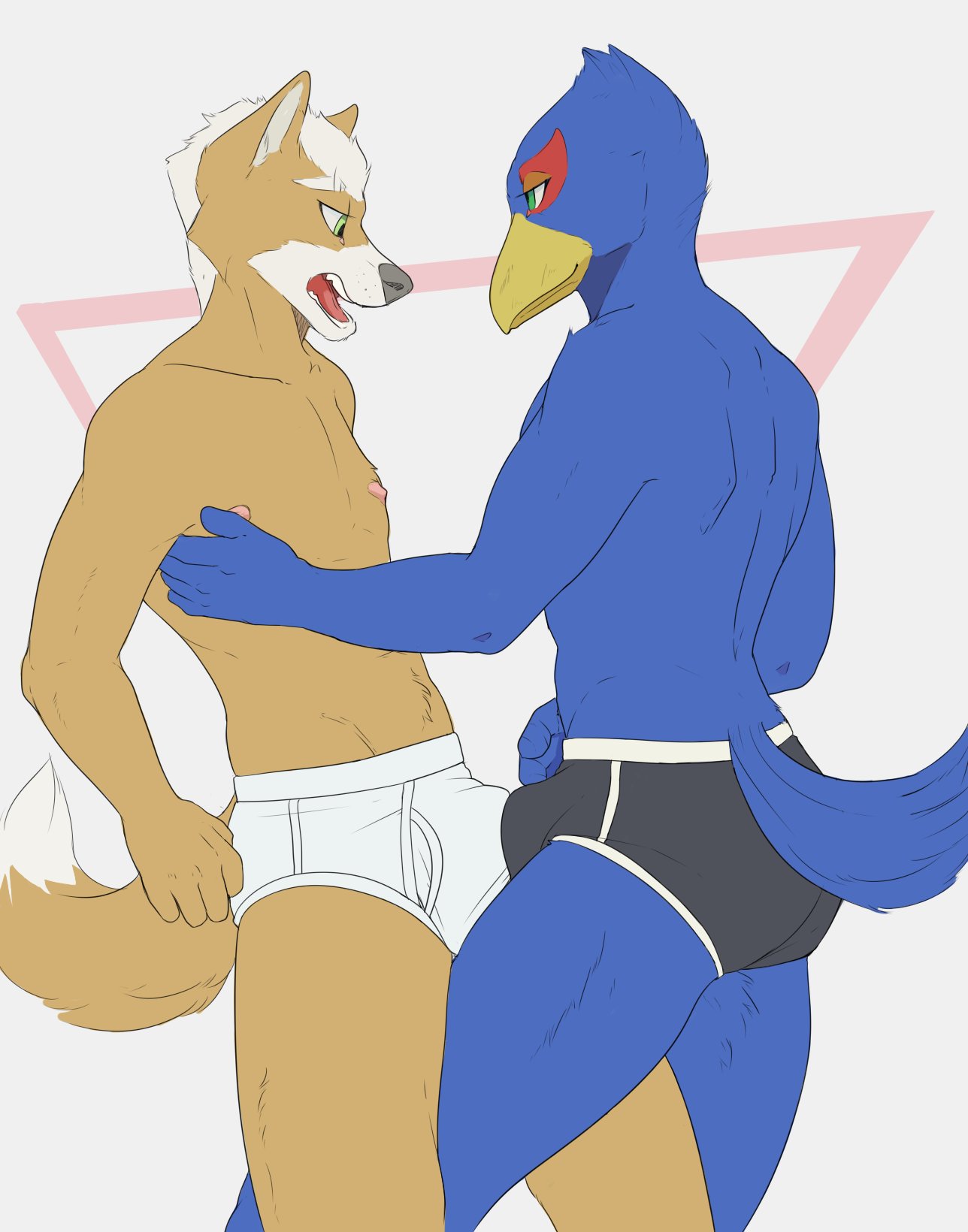 anthro avian beak bird black_briefs black_clothing black_underwear blue_body blue_feathers briefs bulge bulge_frottage canid canine clothing dar-kuu duo falco_lombardi feathers fox fox_mccloud frottage fur green_eyes hand_on_chest hi_res male male/male male_only mammal nintendo nipples open_mouth orange_body orange_fur red_body red_feathers sex simple_background star_fox teeth_showing tighty_whities tongue_showing triangle_(disambiguation) underwear underwear_sex video_games white_background white_body white_briefs white_clothing white_fur white_underwear yellow_beak