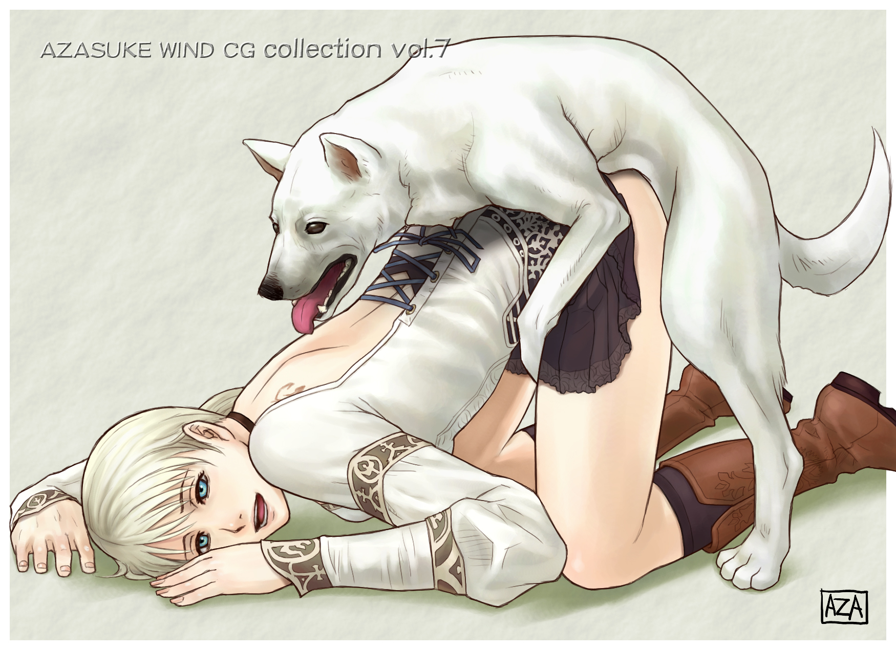 1girls, ambiguous penetration, azasuke, back, blonde hair, blouse, blue eyes, boots, canid, canid on humanoid, canine, canine on human, capcom, choker, demento, dog, doggy style, domestic dog, female, female human, feral, fiona belli, haunting ground, hewie, highres, human, long hair, male, male canine, male/female, miniskirt, ponytail, pussy, questionable consent, scar, sex, skirt, straight, tied hair, tongue, top-down bottom-up, vaginal penetration, white fur, zoophilia