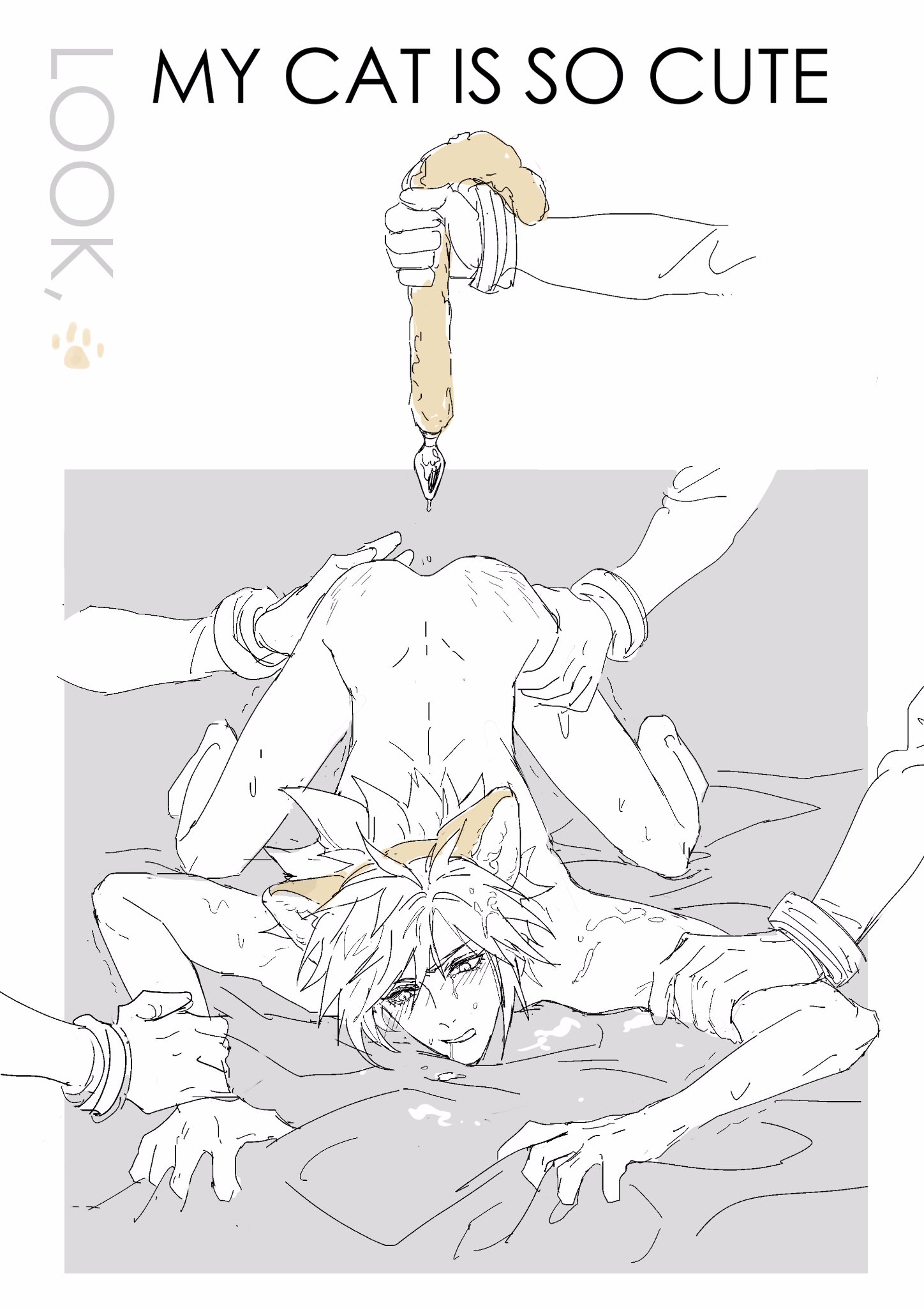 4boys, anal plug, ass, ass up, buttplug, cat ears, cat tail, cloud strife, cum, disembodied hand, disembodied hands, english text, feminization, final fantasy, final fantasy vii, hand on ass, hand on butt, limited palette, male, male focus, male only, male/male, moyna, multiple boys, multiple males, sephiroth, spanked, spanked butt, spiky hair, square enix, sweat, tagme, tail plug, top-down bottom-up, yaoi