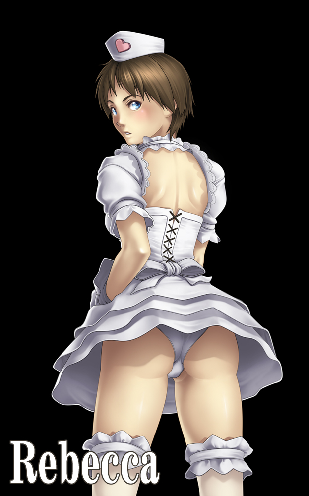 alternate costume, ass, back, blue eyes, brown hair, character name, corset, deep rising, female, female only, frills, from behind, gothic lolita, hat, human, lolita fashion, nurse, nurse cap, panties, rebecca chambers, resident evil, resident evil 0, resident evil the mercenaries 3d, short hair, simple background, solo, thighhighs, underwear, white panties