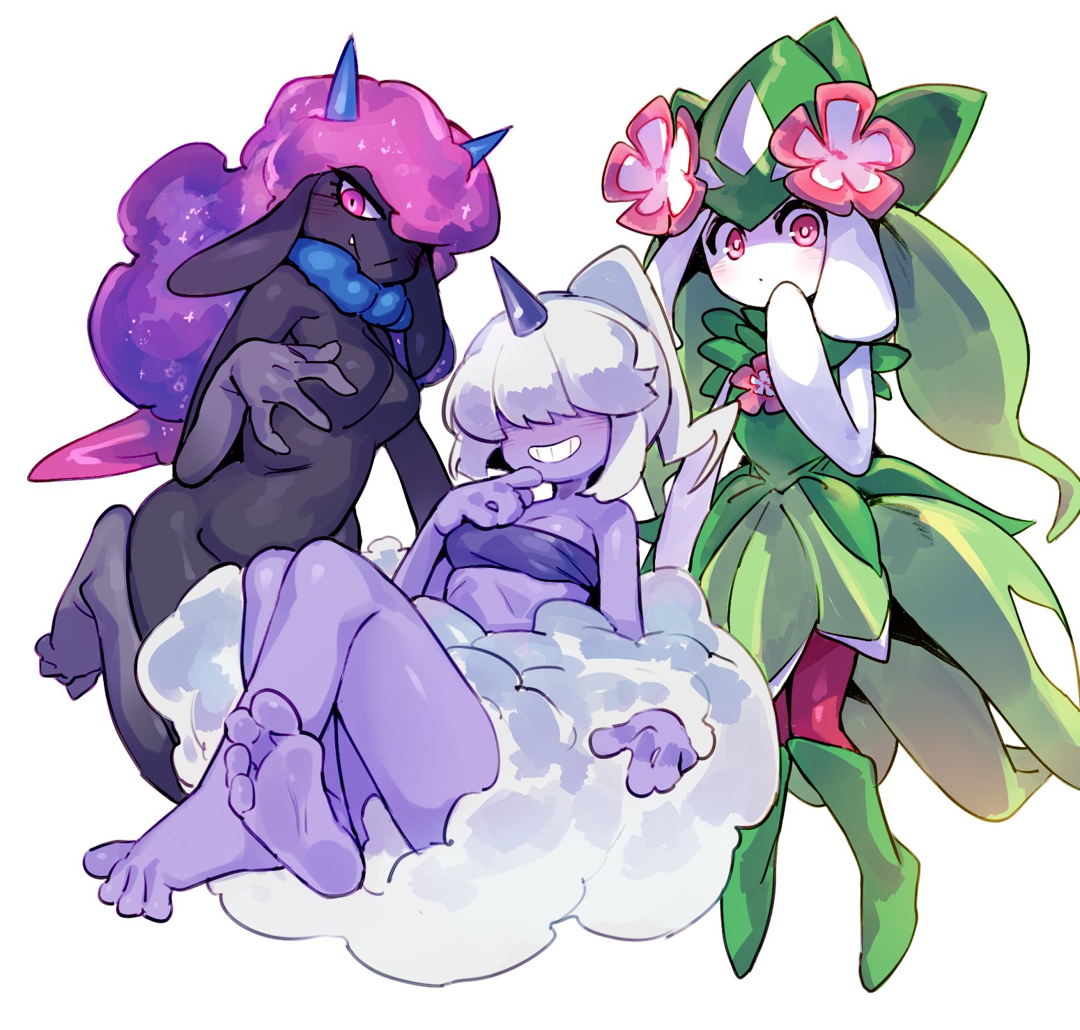 3girls, ass, big thighs, breasts, cute, daedream, dazzi (pal), doppel, feet, female, female only, flat chest, flat chested, green skin, hair over eyes, looking at viewer, mesugaki, pal (species), palworld, petallia, provocative, purple body, purple skin, raijin daughter, seducing, seductive, seductive look, seductive pose, seductive smile, small breasts, smaller female, smile, smiling, smiling at viewer, smug, thick hips, thick thighs, toes, young, young female, younger female