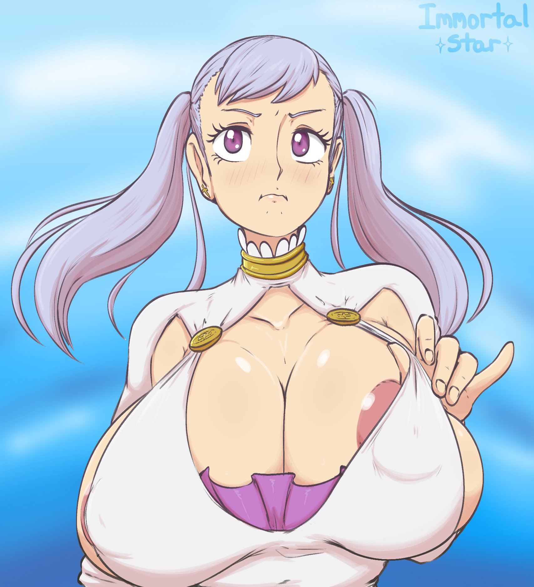1girls, areolae, big breasts, black clover, blush, breasts, breasts bigger than head, earrings, female, huge breasts, immortalstar, large breasts, light purple hair, light skin, light-skinned female, noelle silva, pale skin, pale-skinned female, partially visible nipples, purple eyes, twintails