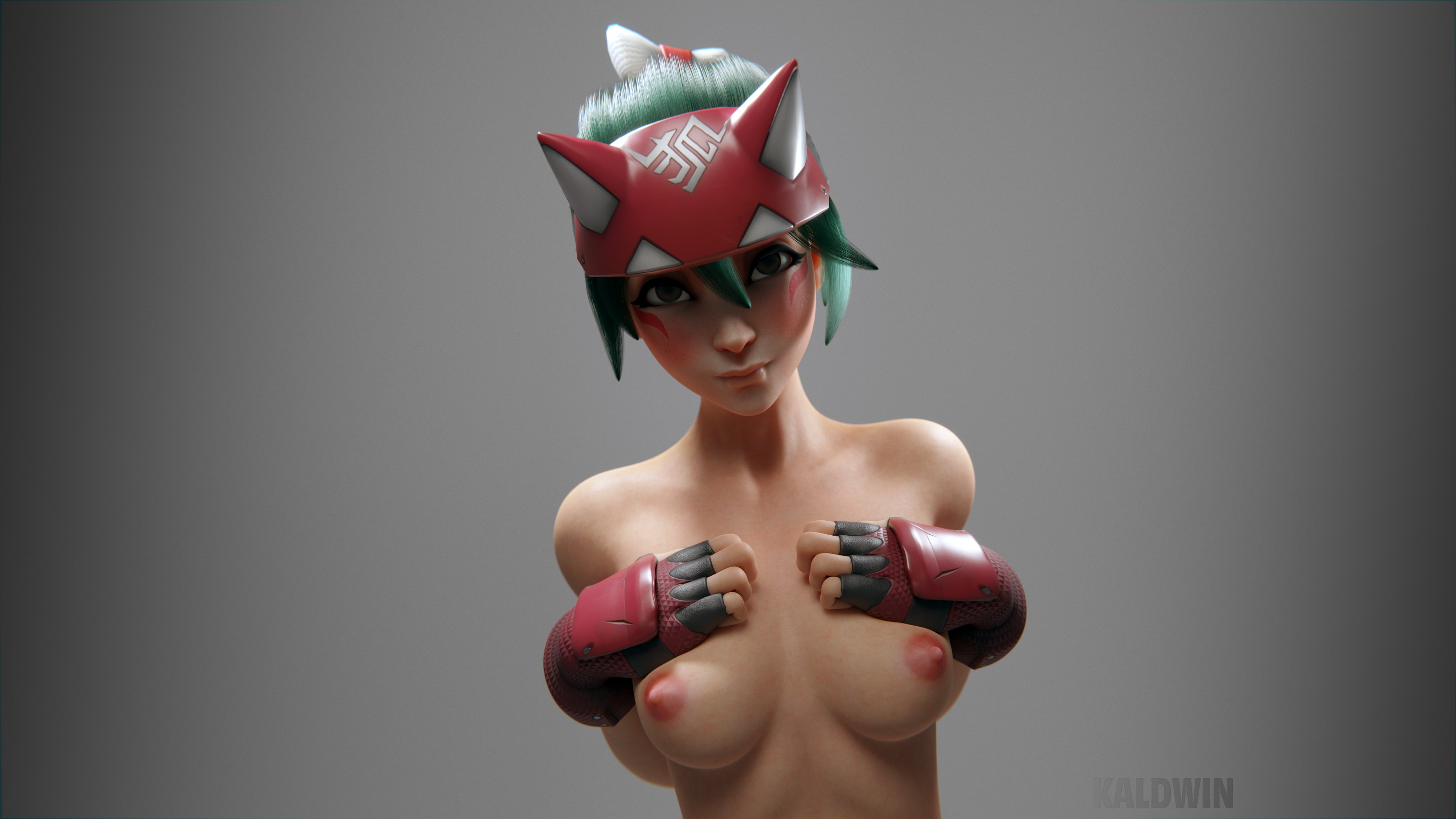 1girls, 3d, 3d (artwork), areolae, asian, asian female, athletic, athletic female, blender, blizzard entertainment, breasts, face markings, facial markings, female, female focus, female only, fingerless gloves, gloves, green hair, handwear, headband, headwear, highres, japanese, japanese female, kaldwin, kiriko (overwatch), kiriko kamori, light skin, light-skinned female, looking at viewer, medium breasts, nipples, nude, nude female, overwatch, overwatch 2, simple background, solo, solo focus, standing, watermark
