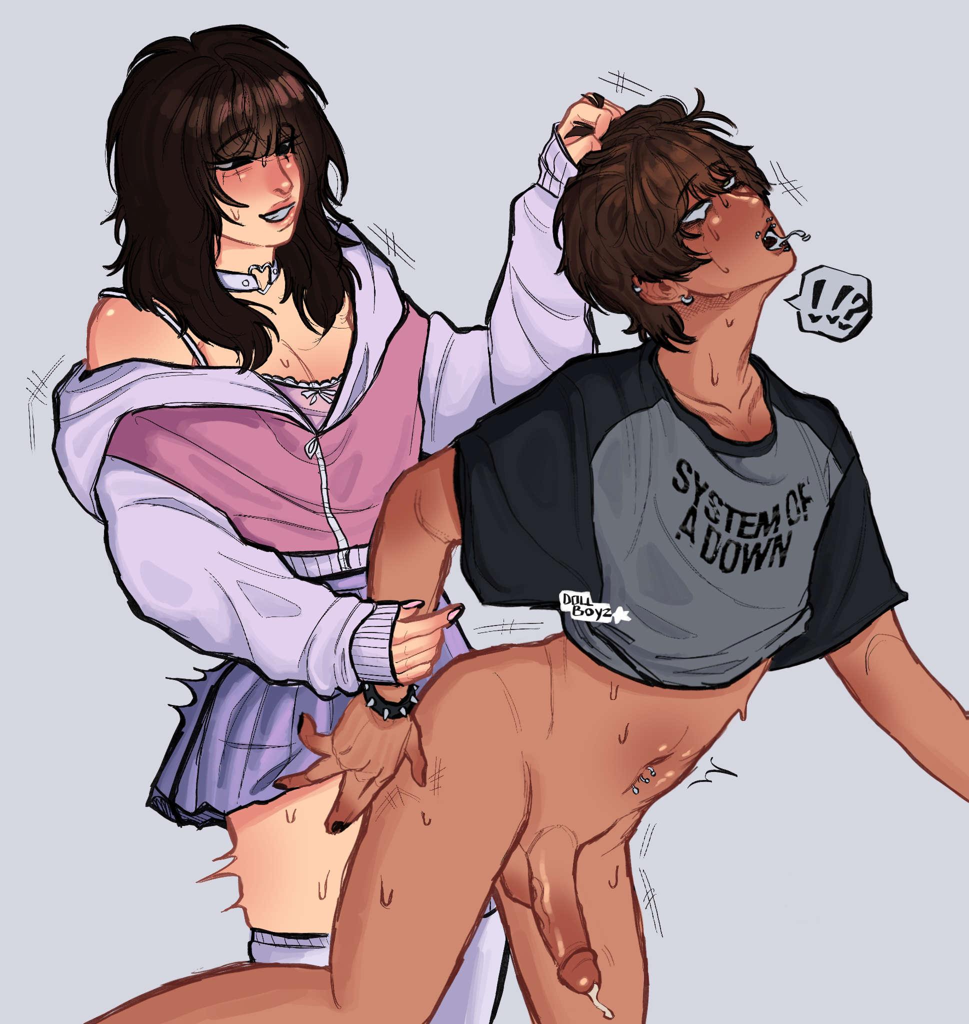 2boys, belly piercing, dollboyz, drooling, eyes rolling back, femboy, femboy on male, femboydom, hair pull, male, male only, oc, piercings, skirt, tan skin, text bubble, thighhighs