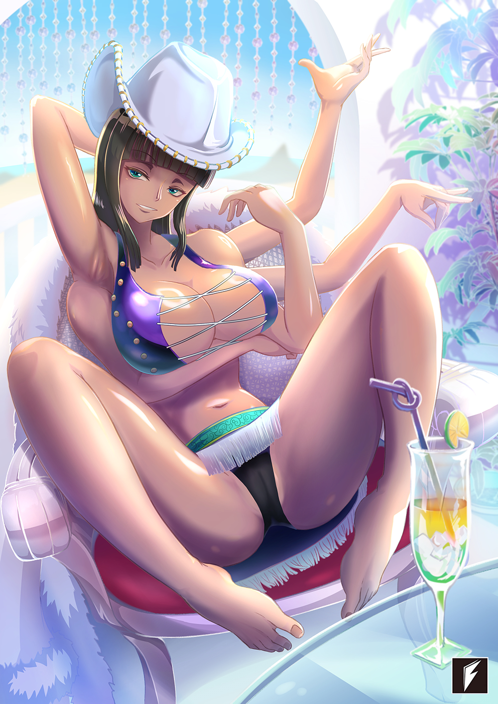 1girls akuma_no_mi arm_under_breasts armpits arms_behind_head bare_legs bare_shoulders barefoot black_hair black_panties blue_eyes blunt_bangs breasts cameltoe chair cleavage cleft_of_venus collarbone cowboy_hat cross-laced_clothes cross-laced_top cup drinking_glass drinking_straw eyeliner female female_only full_body fur-trimmed_jacket fur_trim hana_hana_no_mi hat highres jacket knees_up large_breasts looking_back makeup midriff miss_all_sunday multi_arm multi_limb navel nico_robin one_piece panties pantyshot parted_lips pre-timeskip shiny_skin sitting spread_legs table tassel teng_zhai_zi thighs toenails toes underwear white_headwear