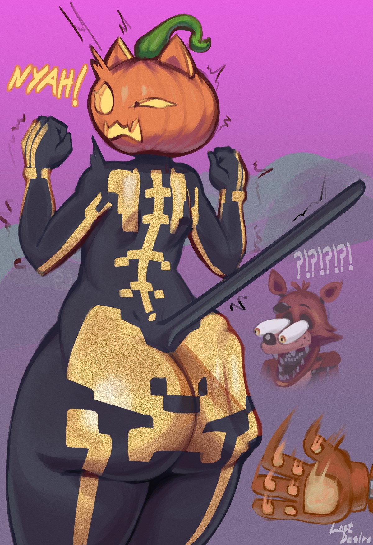 !?, ?!, 1girl, 1girls, 2026, 2d, 2d (artwork), 2d art, 2d artwork, ass, ass crack, ass focus, ass slap, big ass, big butt, big thighs, bodysuit, butt, butt crack, buttocks, cat ears, cat girl, cat tail, catgirl, clothed, clothed female, clothing, digital art, digital drawing, digital drawing (artwork), digital media, digital media (artwork), female, female focus, female only, fortnite, fortnite: battle royale, foxy (fnaf), fully clothed, large ass, large butt, lostdesire, pumpkin, pumpkin head, shocked, slap, slapping, slapping ass, slapping butt, solo, solo female, solo focus, spice (fortnite), suprised, tagme, thighs, tight clothes, tight clothing