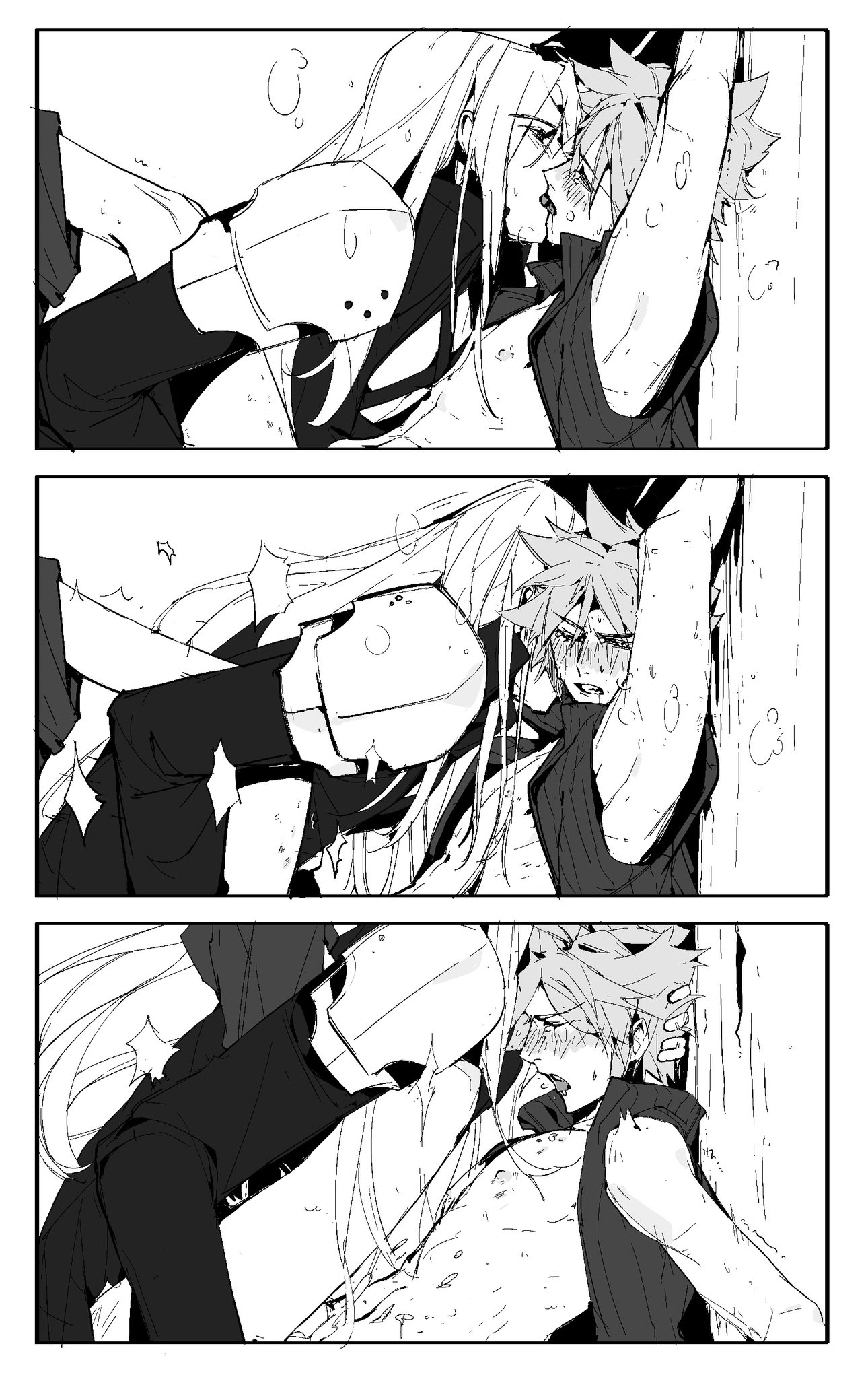 2boys, against wall, anal, anal sex, blush, closed eyes, clothed sex, cloud strife, comic strip, crying, final fantasy, final fantasy vii, french kiss, fui (fui29493452), gay, gay anal, gay sex, hand behind another's head, hands up, kissing, long hair, male, monochrome, nipples, open clothes, raised leg, rough sex, sephiroth, sex, spiky hair, square enix, steaming body, sweat, tagme, tongue, tongue kiss, tongue out, yaoi
