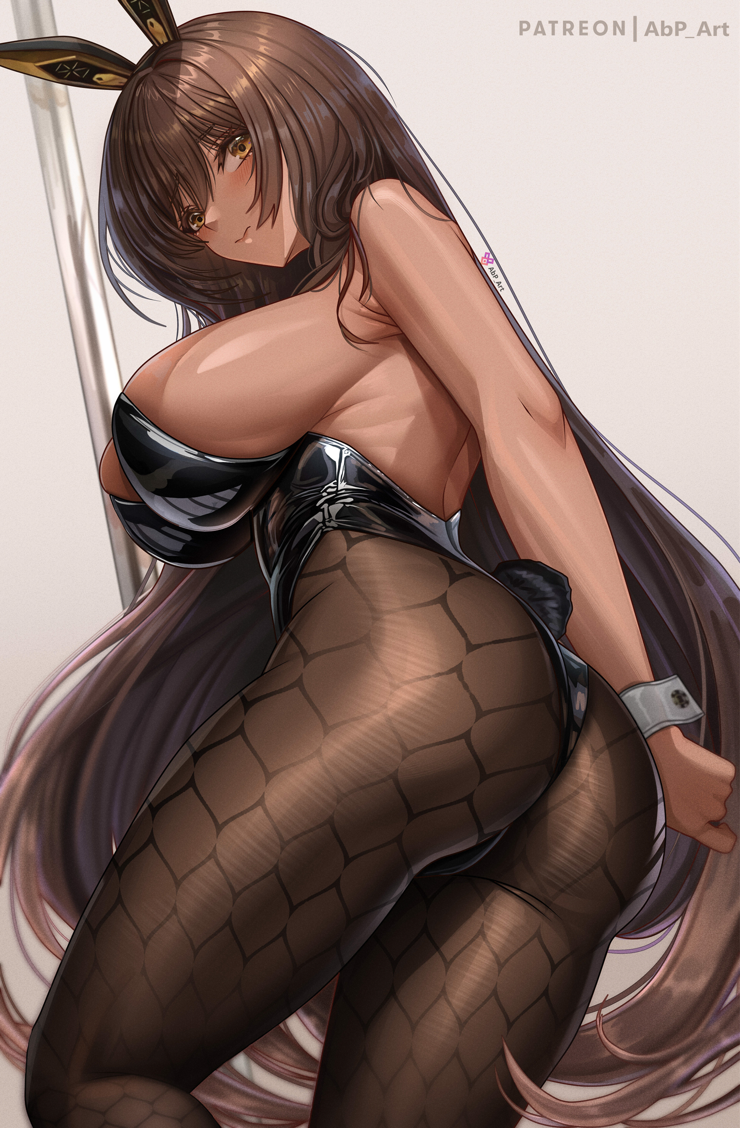 1girls, abp art, ass, breasts, brown eyes, brown hair, brown skin, bunny ears, bunny girl, bunnysuit, dark skin, dark-skinned female, female, goddess of victory: nikke, hi res, highleg leotard, huge breasts, large ass, large breasts, leotard, light skin, light-skinned female, long hair, noir (nikke), pantyhose, thick thighs, wide hips, wrist cuffs