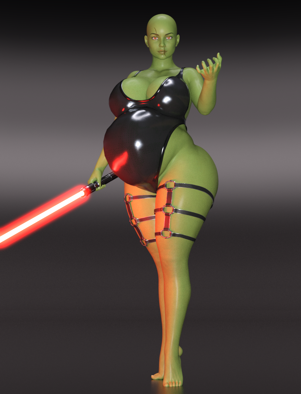 1girls 3d alien alien_girl bald bald_female belly big_belly big_breasts breasts cleavage facial_scar feldusk female full_body green_skin holding_object holding_sword holding_weapon lightsaber melee_weapon pregnant reflection reflective_floor scar scar_across_mouth sith solo solo_female standing star_wars sword tiptoes weapon