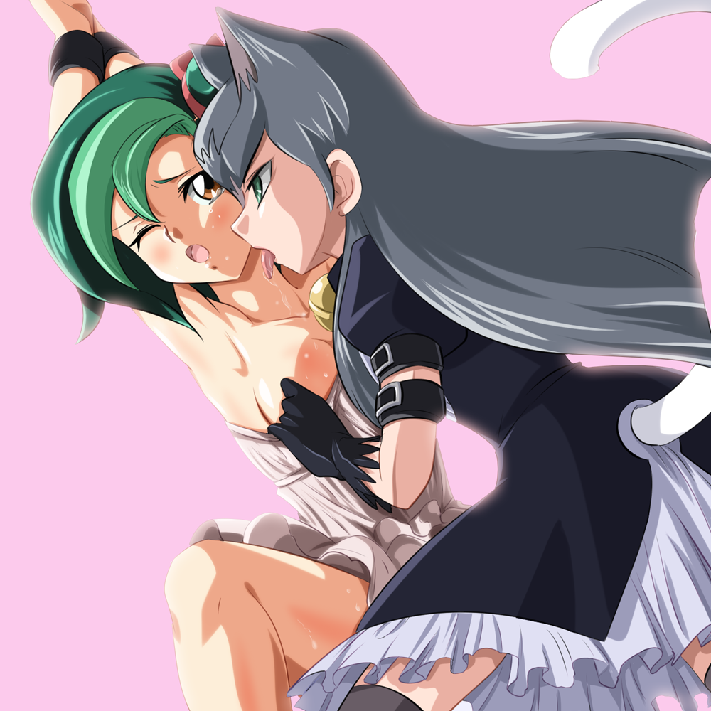 2girls animal_ears artist_request blush bondage cathy_(yu-gi-oh!_zexal) dress female female_only kotori_mizuki multiple_girls open_mouth tail tied_up tongue_out tori_meadows undressing wince yu-gi-oh! yu-gi-oh!_zexal yuri