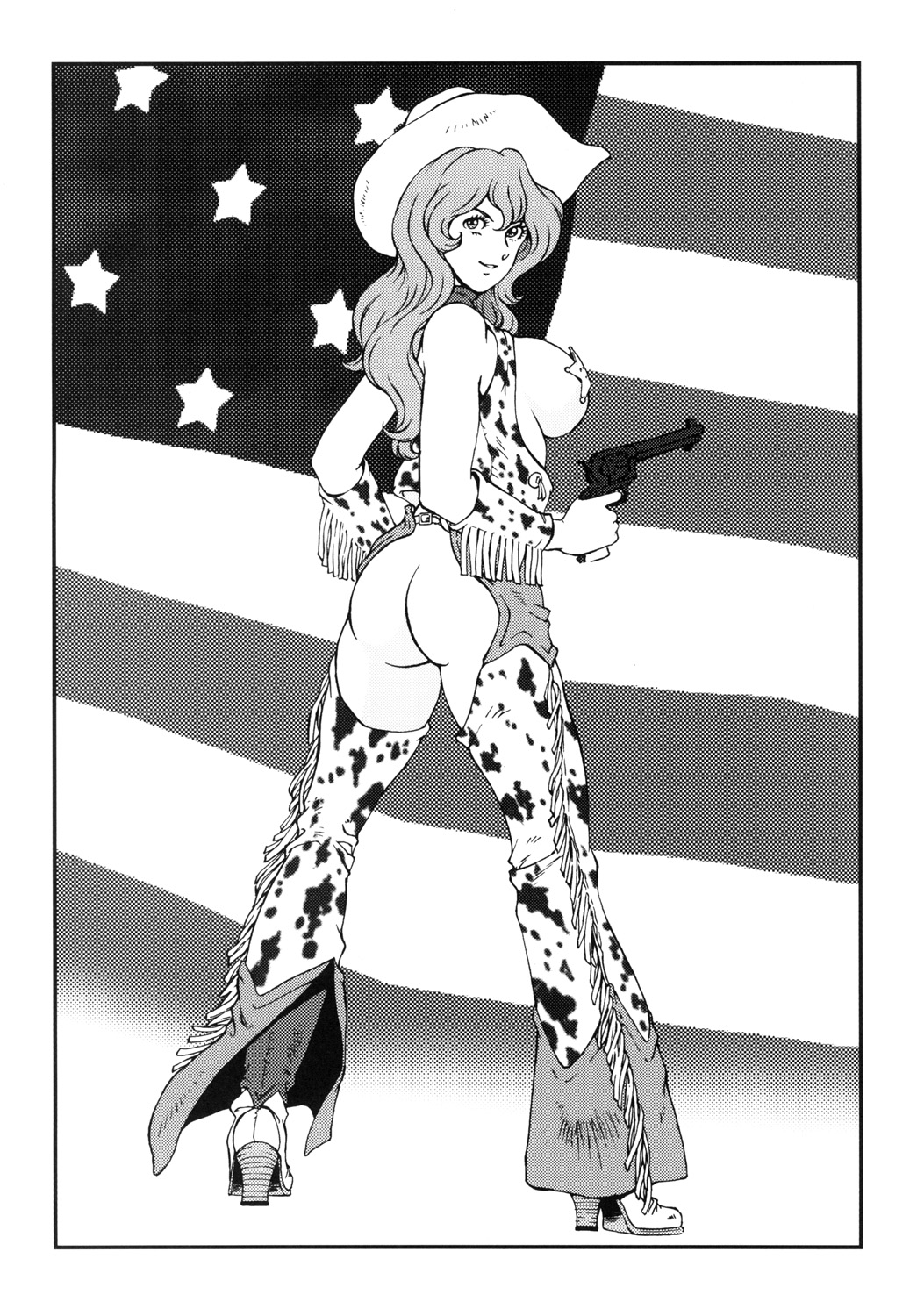 1girls 2009 american_flag ankokudou_shinkaigyo ass big_breasts bottomwear breasts busty clothing covering cowboy_hat cowgirl curvaceous curvy female female_only firearm footwear greyscale gun handgun hat headwear highres human large_breasts long_hair looking_back lupin_iii mine_fujiko monochrome mostly_nude no_bra no_panties revolver rippadou smile solo standing uncensored voluptuous weapon