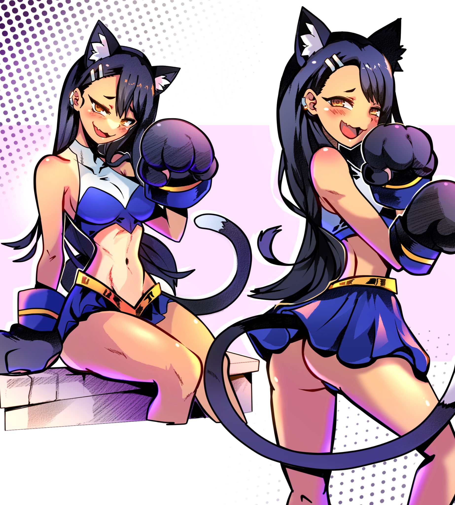 1girls, cat ears, cat girl, cat tail, catgirl, cheerleader, cheerleader outfit, cheerleader uniform, female, hayase nagatoro, looking at viewer, nekomimi, partially clothed, please don't bully me, nagatoro, sitting, solo, solo female, tan-skinned female, tanline