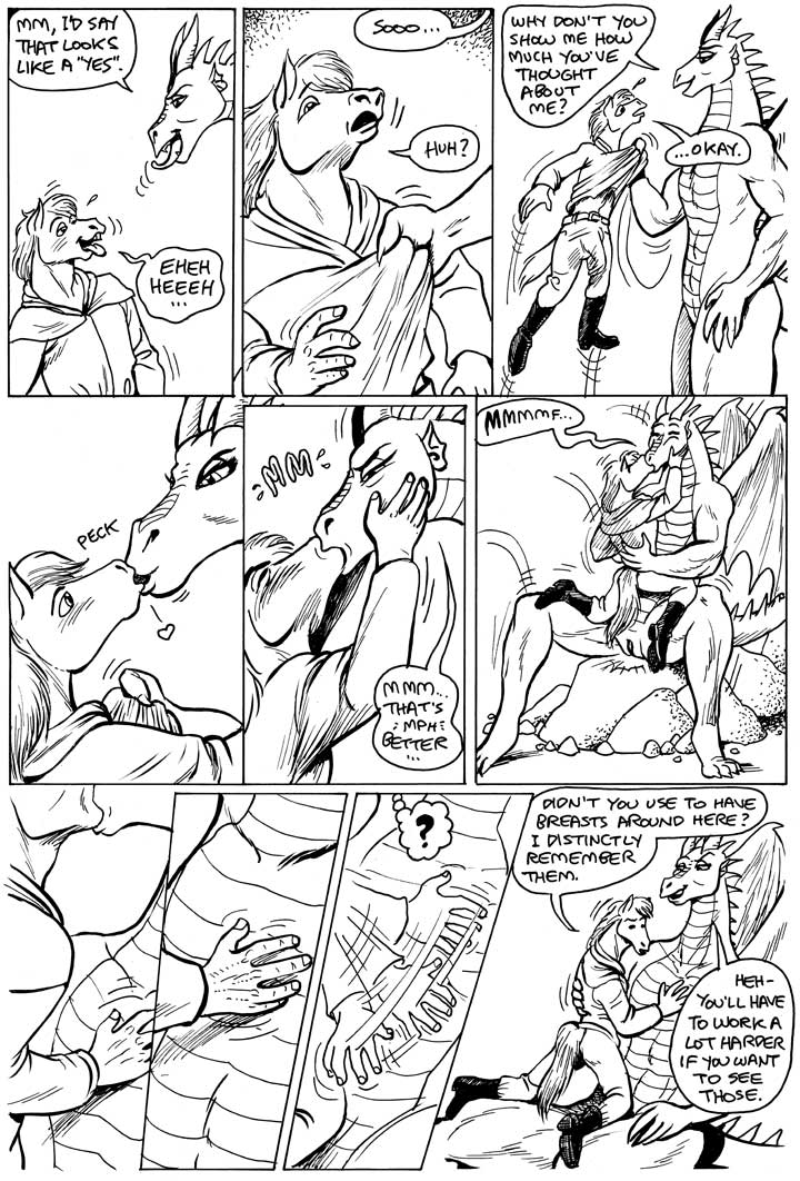 1boy 1girls 2011 ass comic dragon equine erection euro_salamander female gustav here_there_be_dragons horns horse karno male monochrome scalie size_difference straight tail text tongue