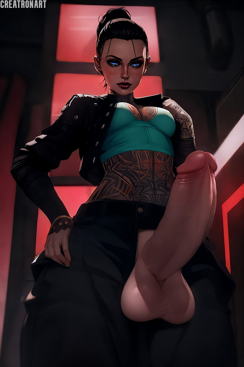 1futa ai_generated blue_eyes brown_hair creatronart dickgirl female futa_only futanari jack jack_(mass_effect) mass_effect penis solo tattoo testicles