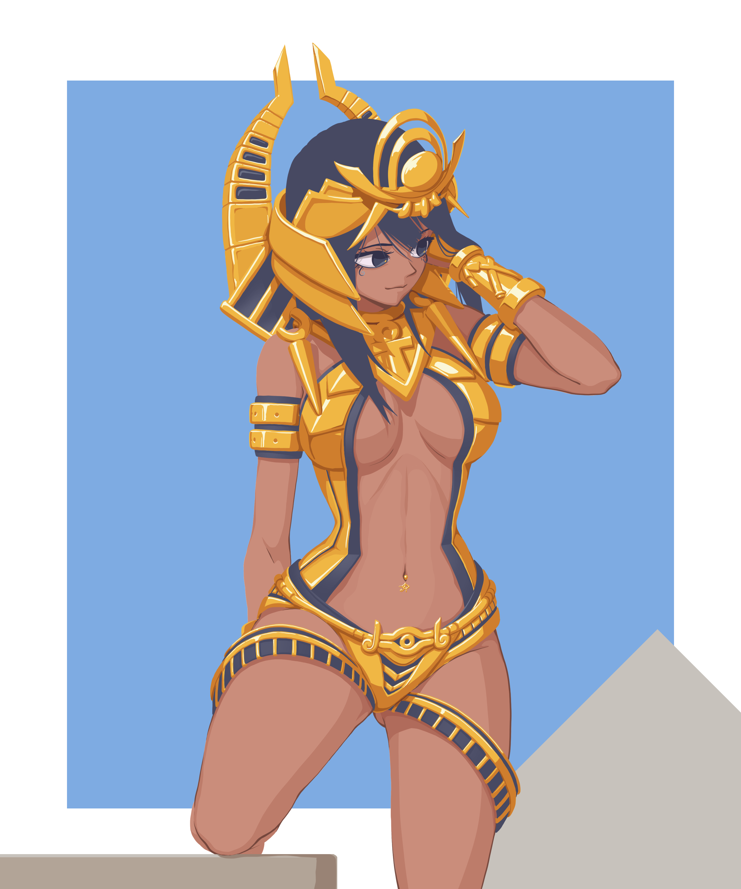 1girls, belly, big breasts, black eyes, black hair, breasts, covered nipples, dark skin, dark-skinned female, egyptian, egyptian female, egyptian mythology, female, female only, goddess, gold (metal), gold jewelry, gold panties, hand on head, hoody/절구왕, lightmother aset, looking away, navel, nyanko daisensou, panties, solo, tanned, the battle cats, thick thighs
