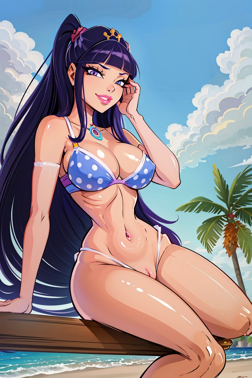 ai_generated beach bikini cleft_of_venus crotchless_panties huge_breasts looking_at_viewer musa_(winx_club) pussy rainbow_(animation_studio) winx_club