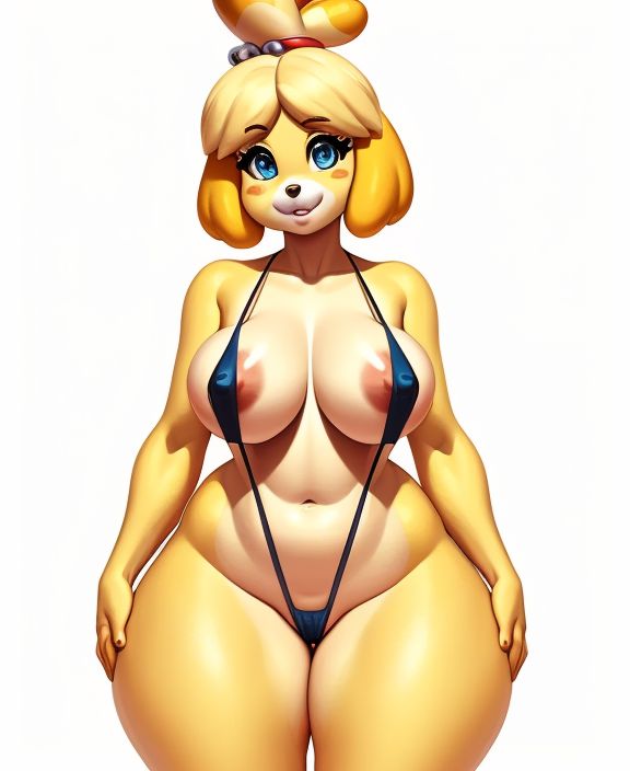 1girls ai_generated animal_crossing belly belly_button big_thighs bikini blue_eyes curvaceous curvy curvy_body curvy_female curvy_figure fur furry isabelle_(animal_crossing) looking_at_viewer medium_breasts nintendo posing sexy_pose simple_background sling_bikini slingshot_swimsuit small_waist smile swimsuit video_game video_games