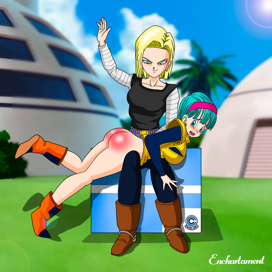 2girls android_18 ass black_shirt blonde_hair blue_eyes blue_hair boots bottomless breasts buildings bulma_briefs bulma_briefs_(frieza_saga) clouds dragon_ball dragon_ball_z earrings enchartament hairband jacket jeans large_breasts outside over_the_knee over_the_knee_spanking punishment punishment_spanking shirt short_hair sitting sky spanking spanking_ass trees yellow_jacket yuri